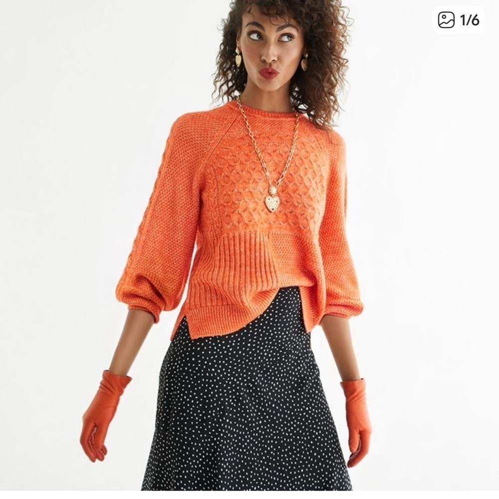 CABI #4038 Harvest cable knit hunter orange cotton woman balloon sleeve sweater